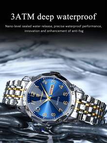 POEDAGAR 1件装休闲男士不锈钢石英腕表，防水，夜光，双日期显示，时尚男士腕表，适合日常佩戴，情人节礼物 - 均碼 - 查看 5