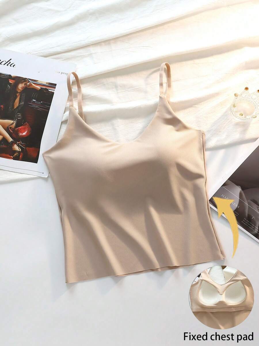 Women Wireless Bra Camisole Racerback Tank Top, Thin Fitted Layer For Outerwear - Khaki - View 1