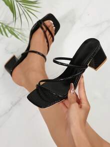 女士新款时尚细高跟凉鞋，百搭黑色系带双带露趾粗跟正装凉鞋