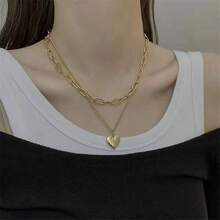 1pc Gold Heart Pendant Necklace With Double Chain - Yellow Gold - View 4