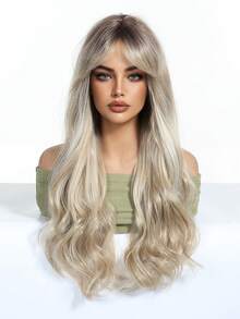 26 英寸大波浪假发，金色渐变色，女士合成假发，时尚度假风格玫瑰网帽，耐热，外观自然 - 漸變金色 - 查看 7