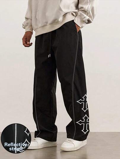 1pc Men's Cross Embroidery Casual Pants, Fashionable With Drawstring, Reflective Trim, Suitable For Casual, Beach, Work, Workout, Relaxed Straight Fit Pants For Spring, Summer, Autumn, Winter, Boyfriend/Husband Gift, Commemorative Gift, Fall