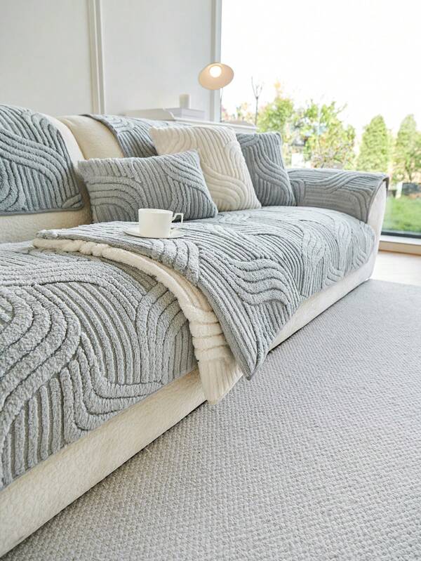 1pc Bohemian Style Solid Color Fuzzy Sofa Cover - Quilted Craft, Anti-Slip, Suitable For All Seasons, Easy To Care, Machine Washable, Pet-Friendly, Soft And Comfortable - Perfect For Living Room, Bedroom, Office Home Decor, Sofa Protection For Single To 3-Seater Combinations.