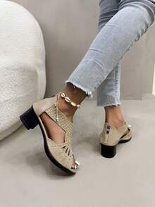 2025 New Summer Low Block Heel Sandals For Girl, Rhinestone Hollow Rearside Zipper Convenient Open-Toe Beach Wear Boho Style Slippers, Multiple Colors Available - Beige - View 3