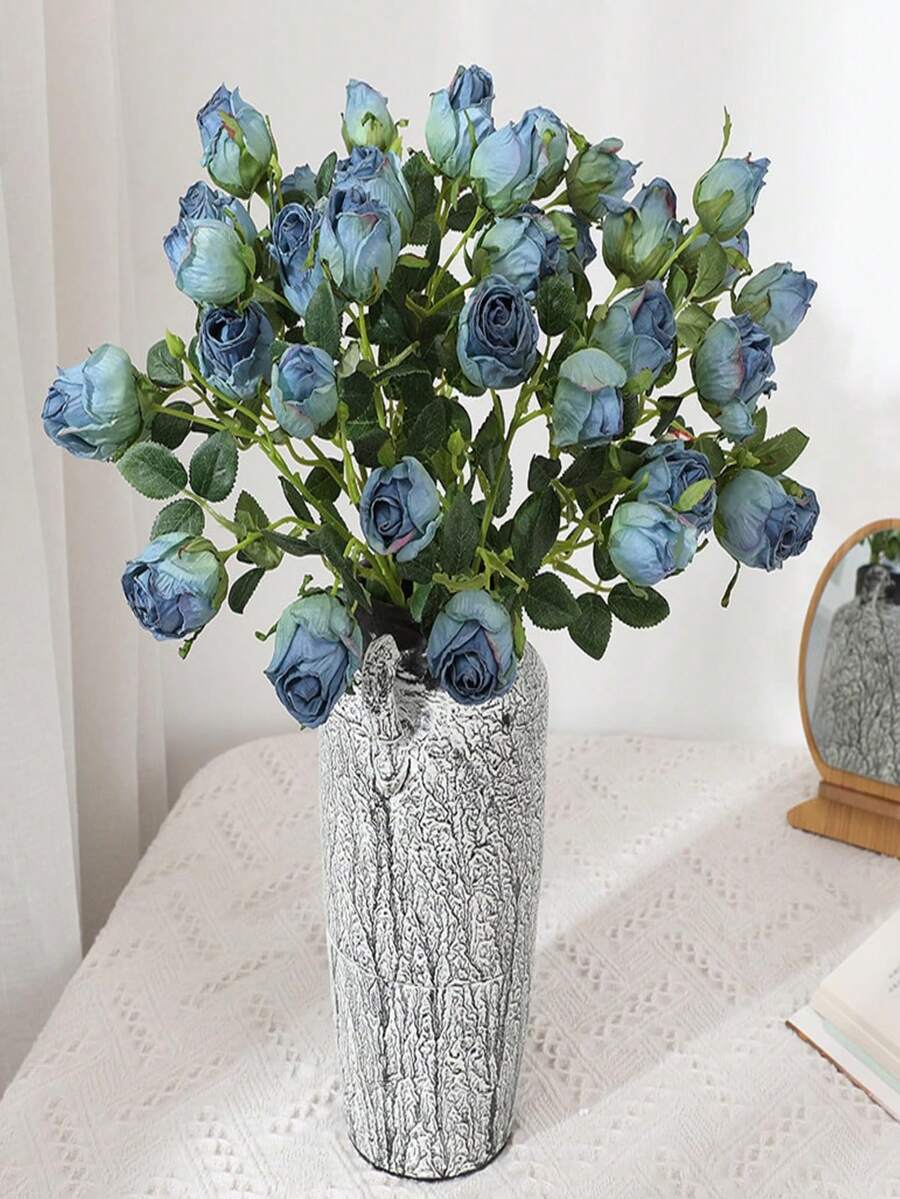 1/2支复古焦蓝色玫瑰花束，7头焦边单茎人造塑料玫瑰，适合春夏装饰、家居装饰、情人节装饰、桌面装饰、中心摆件、婚礼、客厅、派对装饰、毕业礼物、办公桌装饰、母亲节礼物、新家装饰、房间装饰，19.68英寸