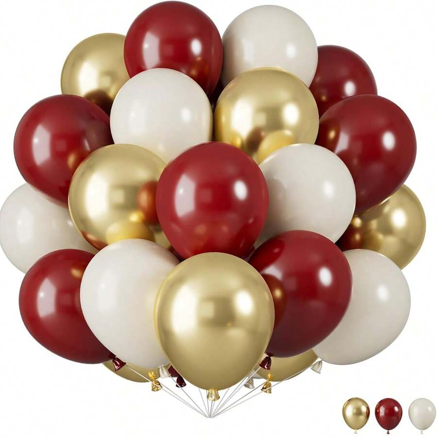 24pcs/30pcs Red And Gold Balloons, Burgundy And Gold Balloons, Chestnut Colored Balloons, Metallic Gold And Ivory Latex Balloons, Helium Supported, Suitable For Wedding, Anniversary, Engagement, Birthday Party Decoration - Multicolor - View 1