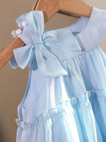 女婴优雅荷叶边蛋糕裙配 3D 蝴蝶结，高端夏季休闲装，适合外出，百搭可爱，宫廷风格派对礼服 - 藍色 - 查看 3