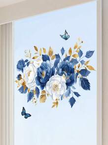 1pc Blue Floral Pattern Bathroom Wall Sticker