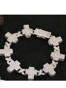 1pc Platinum Plated Religious Hip Hop Iced Out Rapper High Quality Luxury Punk Full Cross Prayer Miami Cuban Chain 20 Inch Gemstone Diamond AAAAA Zirconia Necklace 8 Inch Men Bracelet Jewelry Sets European And American Popular Gorgeous Men Gift - Silver - View 7