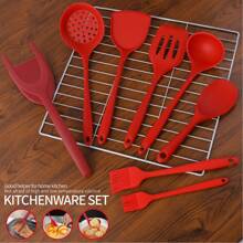 Kitchen Versatile Heat-Resistant Red Kitchenware Set Of Eight Pieces, Including Household Silicone Spatula, Soup Spoon, Frying Spatula, Strainer, Rice Spoon, Nylon Steak Clip, Silicone Oil Brush Large And Small/Non Stick Pan Frying Spatula, Silicone Spatula