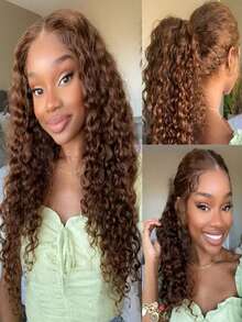 38 英寸杰瑞卷曲巧克力棕色 360 度蕾丝前假发，真人发质透明蕾丝，预拔婴儿发质，360 度全蕾丝前假发，真人发质巴西处女卷发，适合女士