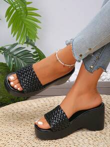Sandálias femininas plus size de verão, modelo New Roman, pretas, com bico aberto e sola grossa, salto alto. Ideais para uso diário, trabalho, festas e férias. Sandálias versáteis e estilosas, sem fecho. - Preto - Ver 2