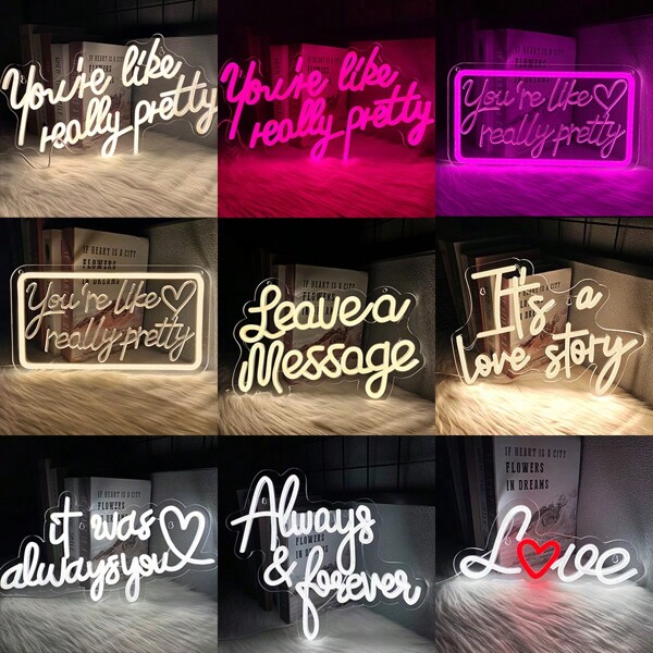 It's A Love Story/It Was Always You/You're Like Really Pretty/Leave Message/Always Forever/Love LED Neon Sign For Wedding Background Luminous Sign, Suitable For Wedding, Bedroom, Engagement, Party Decoration, Anniversary, Valentine'S Day, Birthday Party Art Wall Decor, USB Powered, Comes With Accessories, And Is Easy To Install.