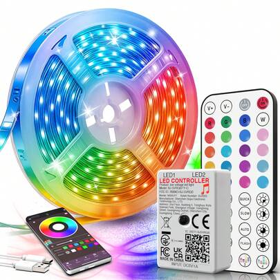 NBBUFF 100 英尺（2 卷 50 英尺）智能 LED 灯带用于 Hoom 装饰，带应用程序控制和红外遥控粘合背衬，可调亮度音乐同步定时 DIY 场景模式，LED 灯用于房间装饰电视背光生日派对厨房卧室装饰礼物