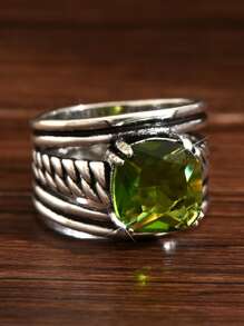 1pc Boho Style Vintage Silver Olive Green Zirconia Women's Ring, Suitable For Wedding, Engagement, Promise Or Daily Wear