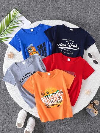 5 Pcs Summer Kids Hamburger, Robot, Letter Graphic Round Neck Short Sleeve T-Shirt Set For 3-7 Years Old, Fashion, Casual, Sports, Outdoor Activities