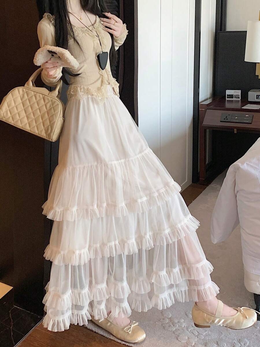 层叠薄纱中长半身裙，女士高腰芭蕾舞裙式褶裥A字裙，2025春夏 白色