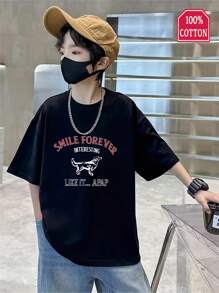 Boys Casual Printed Round Neck Short Sleeve T-Shirt Summer Student Young Kids Clothes - Cool English Letter T-Shirts Bring Joy And Happiness To Every Child!