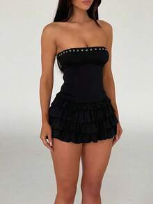 Women Y2K Strapless Short Dress Backless Tube Ruched Ruffle Mini Dress Sleeveless Bodycon Sundress - 黑色 - 查看 2