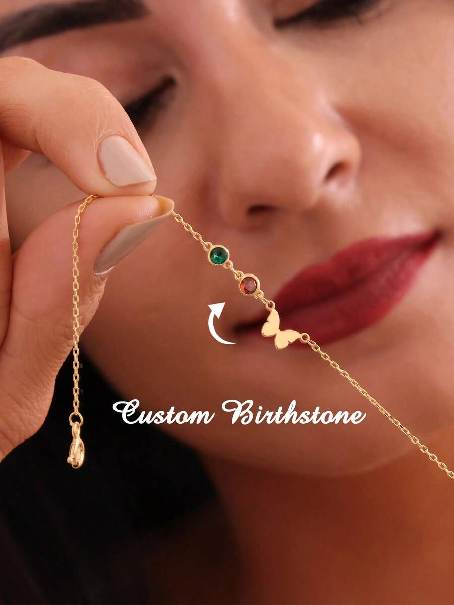 1pc Custom Multi Birth Stone Butterfly Stainless Steel Bracelet Anklet, 18K Gold-Plated Anti Fading Adjustable Anklets, Personalized Memorial Jewelry, Party Beach Vacation Accessories, Gift For Mom/Best Friend - Stainless Steel - View 1