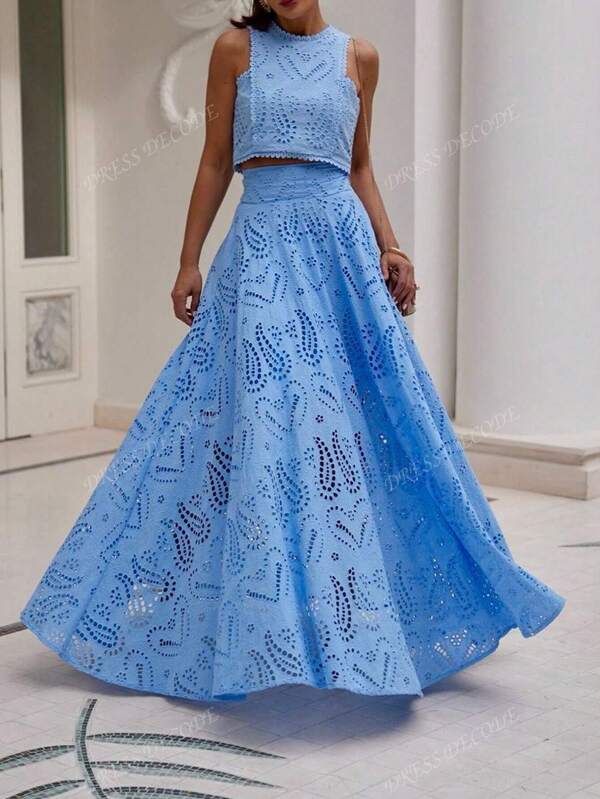 (1 Piece)Vintage Floral Hollow Out Full Embroidery A-Line Midi Skirt,Elegant And Refined Half Skirt,No Vest Included