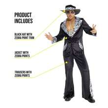 Morph Costumes Stylish Men's Pimp Costume - Black Velvet Jacket, Zebra Trim, Matching Trousers & Hat - Perfect For Halloween & Fancy Dress Events - Black - View 3