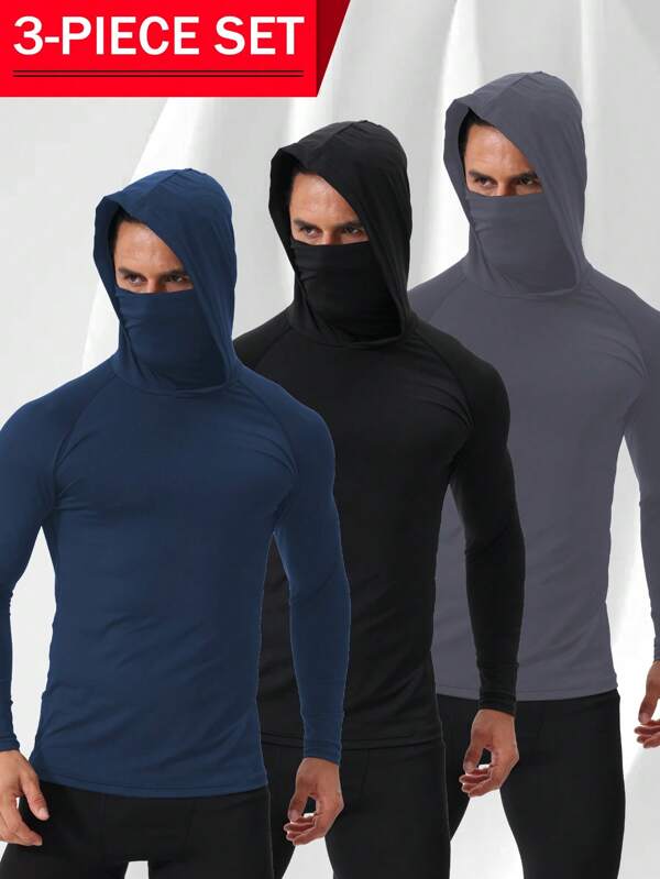 3 Piece Men's Sun Protection Hoodie With Mask - Lightweight, High-Stretch Compression Sweatshirt For Running And Fitness