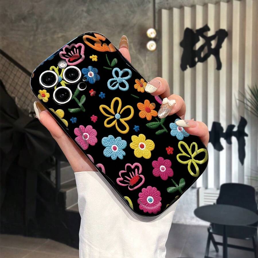 1 pieza Funda protectora para teléfono celular con diseño de flores de hilo de color crema, compatible con Apple 16/16e, Redmi, Infinix, OPPO, VIVO, Realme, a prueba de agua, a prueba de golpes y resistente a los arañazos - Negro - Ver 1