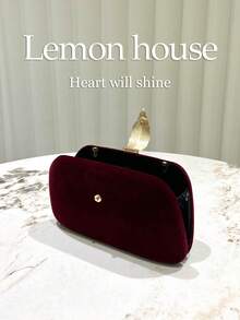 1pc Vintage Velvet Wine Red Color Elegant Ladies Clutch Bag, Metallic Leaf Decor, Formal Evening Handbag Suitable For Gala, Wedding, Special Occasion , New Year - Burgundy - View 8