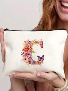26 Letter & Floral Canvas Zipper Pouch - Lightweight Foldable Makeup Bag, Washable White Cosmetic Pencil Case, Suitable For Women, Mothers & Daughters - Perfect Gift For Graduation, Wedding, Holiday - Multicolor - View 29