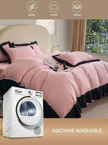 3pcs Soft & Cozy Bedding Set (1 Duvet Cover + 2 Pillow Cases), Pink & Black Ruffled Edges, Suitable For Bedroom And Guest Room - Pink - View 4