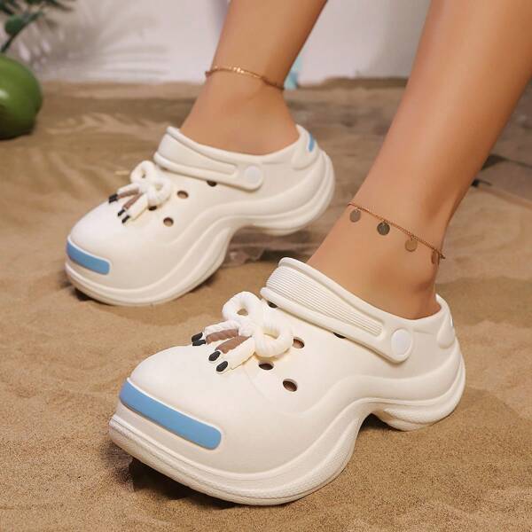 Summer New Women's Rubber Bow Design Thick Sole Dual-Color Round Toe Hollow Out Casual Slip-On Sandals, Chinese Style Breathable Slippers For Beach, Home, Party, Outdoor, Summer