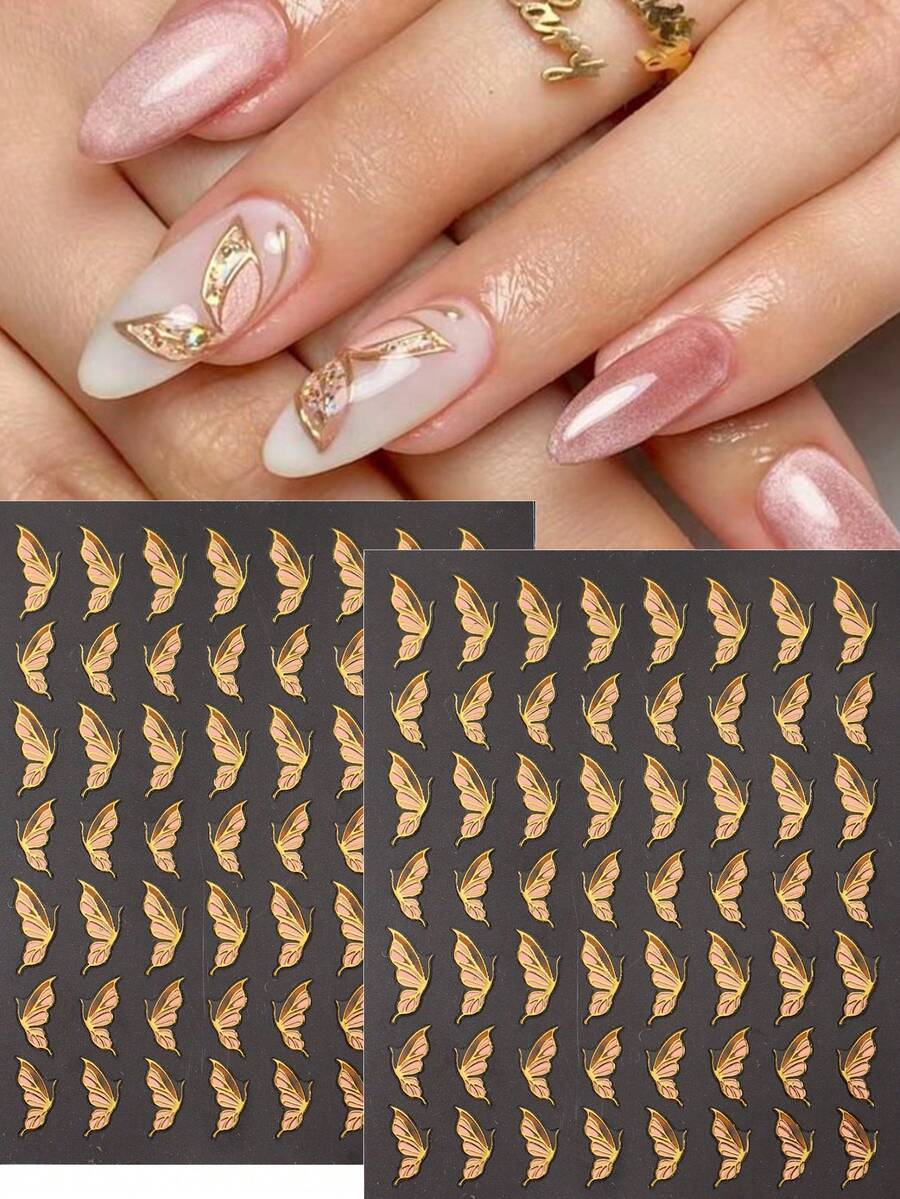 2 件全息飞蝴蝶美甲贴纸，金线印花蝴蝶指甲贴花，适合春夏季指甲 | 专业品质 DIY 指甲饰品和指甲用品 - 彩色 - 查看 1