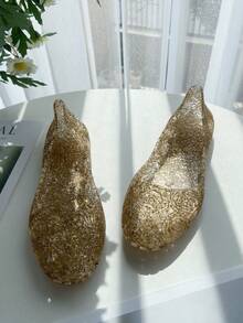 Women's Glitter Jelly Sandals, Hollow-Out, Slip-On, Beach, Home, Summer Flat Closed Toe Shoes, Soft Perforated Rose Pattern Vamp Sandals - Gold - View 5