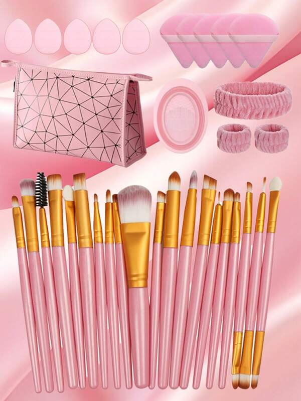 35Pcs Makeup Brushes Set: 10pcs Makeup Sponge + 1pc Cosmetic Bag + 1pc Makeup Brushes Cleaner Bowl+20pcs Makeup Brushes+3pcs Washing Hair Band, Full Set Of Eye Shadow Brushes, Loose Powder Brushes, Blusher And Foundation Brushes Makeup Brushes & Tools Makeup Accessories Gifts For Friends