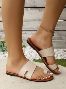 Damskie wygodne płaskie sandały na lato, odkryte palce, jednolity kolor, pasek na kostkę, sandały na zewnątrz - Beżowy - Zobacz 4