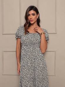 Long Dress With Puffed Sleeves Elastex Print - Black and White - View 3