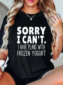 100% Cotton Funny Frozen Yogurt Lover Quote - Plans With Frozen Yogurt T-Shirt Women's Men's Streetwear Graphic Tee Black Crew Neck Vacation Tops - 黑色 - 查看 1