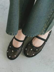 Ladies Muller Flats Shiny Elastic & Bow Rhinestone Slip-On Casual Mary Jane Ballet Shoes - màu đen - Xem 1