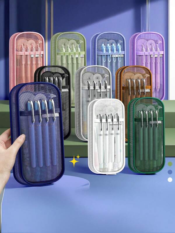 1pc Minimalist Transparent Mesh Pencil Case, Large Capacity Student Stationery Bag, Functional Cosmetic Organizer, Suitable For School Learning And Stationery Organization,Pencil Pouch,School Bag