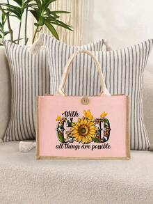 Sunflower 'god' Pattern Handbag With Makeup Bag, Women's Portable Zipper Wallet, Fashionable Travel Toilet Bag, Lunch Box Bag, Book Bag, School Travel Beach Women's Day Multi Functional Bag, Versatile Portable Tote Bag For Teacher - Pink - View 4