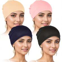 4件套柔软弹力内衬头巾 - 优雅纯色，多功能头巾，时尚化疗帽，女士适用 - 适合休闲穿着和睡眠时佩戴 - 多色 - 查看 11