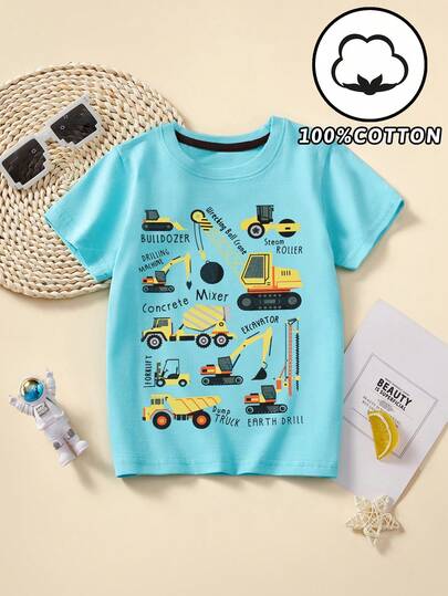 1 件装年轻男孩休闲卡通挖掘机印花圆领短袖 T 恤，时尚春夏风格