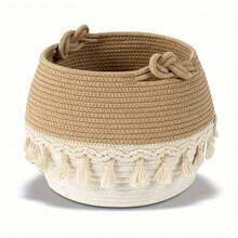 Cesta de almacenamiento con decoración de borlas, cesta de cuerda tejida, decoración del hogar, cesta para plantas, pequeña cesta de lavandería, cesta para mantas, para organizar juguetes, ropa, mantas, aperitivos, cesta de regalo de Navidad - Beis - Ver 7