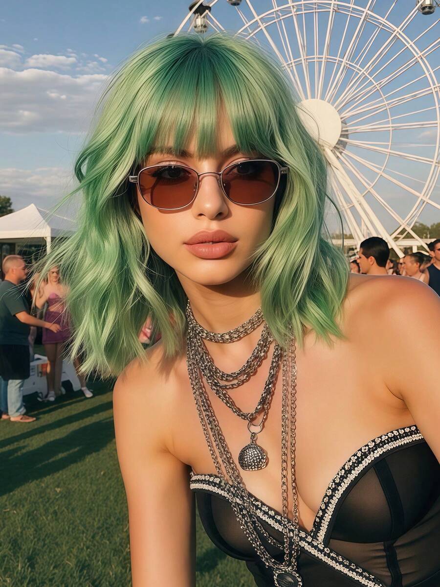 12 Inch Dreamy Mint Green Wavy Bob Wig, Women's Curly Wave Wig With Bangs, Short Heat Resistant Synthetic Wig, Suitable For Party Costumes, Daily Wear, Vibrant Color, Popular For Music Festivals - Grass Green - View 1