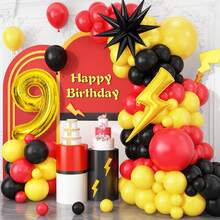 5, 6, 7, 8, 9, 10, 11, 12 Years Old Birthday Red, Black, Yellow Latex Balloon Arch Set & 32" Gold Numeral & Yellow Foil Balloon Set, Cartoon Theme, Birthday Party Decoration