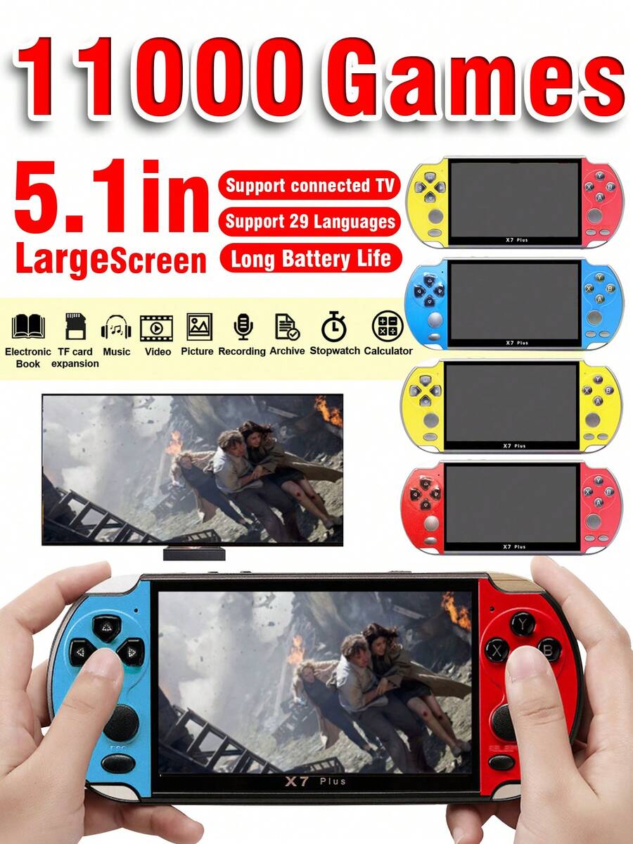 1台多功能口袋式手持遊戲機，內建11000款經典懷舊遊戲，支援13款模擬器，可連接電視，可充電，支援電子書、音樂、影片、圖片、錄音、檔案、計算機、秒錶，5.1吋高畫質螢幕PSP遊戲機