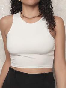Kit 3 Cropped Women's Tank Top Plain Basic Suplex With Lining - Black\White\Blue - View 7