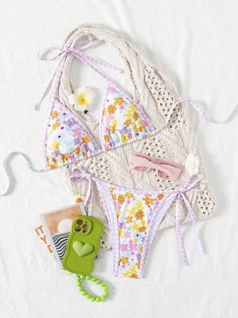 2件套碎花比基尼套装，时尚海滩度假泳装，欧美流行款式