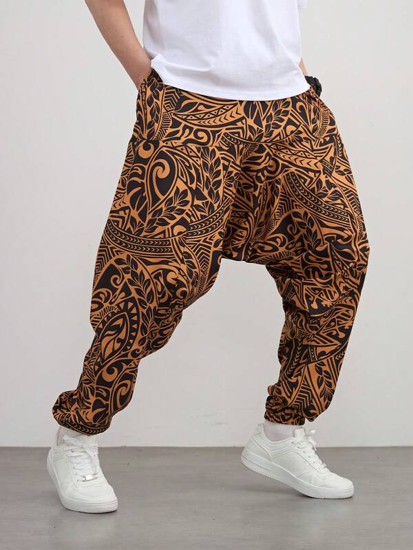 1 قطعة بنطلون هاريم فضفاض وكاجوال للرجال مطبوع عليه عنصر الورقة، مناسب للاستخدام اليومي والعطلات، موسم الخريف